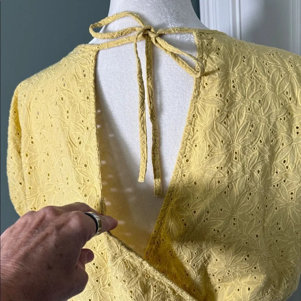 Madewell Yellow Eyelet Cropped Blouse Puff Sleeve Back Tie Small